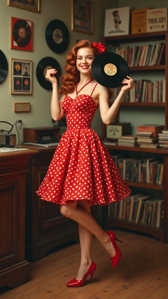 Smiling Pin-up Woman With Vinyl Record