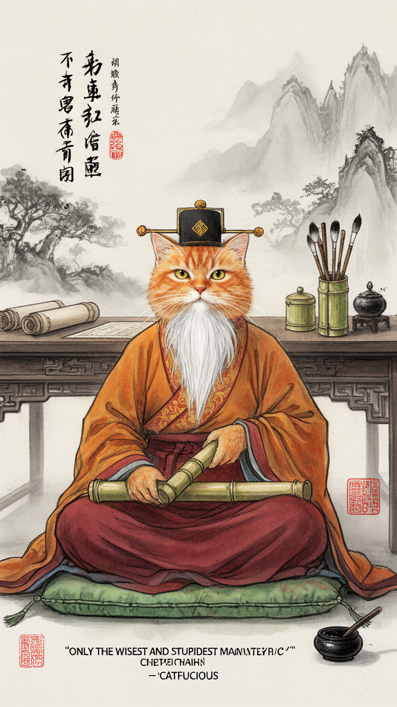 Wise Ginger Cat Scholar In Chinese Study