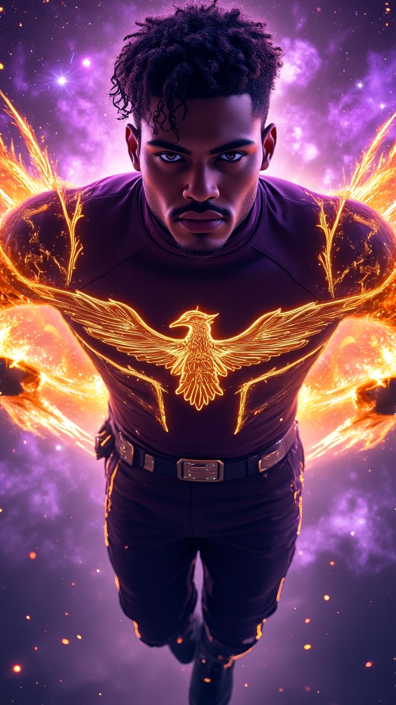 Ethereal cosmic superhero, majestic young African-American male figure, 8k ultra-detailed portrait, muscular athletic build. Dynamic fade hairstyle with obsidian waves, undercut sides, short in back and sides, front curls swept over draping dramatically over one eye while defying gravity with ethereal flame effects, golden-orange fire wisps emanating from hair. Mesmerizing pale violet-amethyst eyes with luminous stellar glow, dramatic kohl eyeliner 
and long lashes emphasizing smooth cheekbones and sculpted features, soul patch beneath full glossy lips, precise thin handlebar mustache. Long-sleeved dark violet/eggplant-colored jumpsuit with metallic chrome yellow-gold piping creating dramatic light trails, cyberpunk aesthetics, loose dramatic folds. Prominent metallic gold phoenix emblem on chest, wings spread majestically, intricate detail work. Black leather fingerless gloves with reinforced knuckles, wide black leather belt with polished gold grommets. Pleated tapered pants with neo-Tokyo streetwear influence, distressed black suede boots with decorative gold-grommet straps. Dynamic flying pose with arms extended, massive flaming incandescent golden phoenix wings emerging from arms, trailing cosmic fire. Backlit by nebulae and spiral galaxies, dramatic rim lighting, volumetric space dust, lens flares from distant stars. Cinematic composition, dramatic angle, octane render, hyperrealistic detail, ethereal atmospheric lighting, cosmic energy effects.