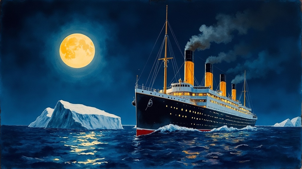 Titanic Sailing Towards Iceberg Under Moonlight