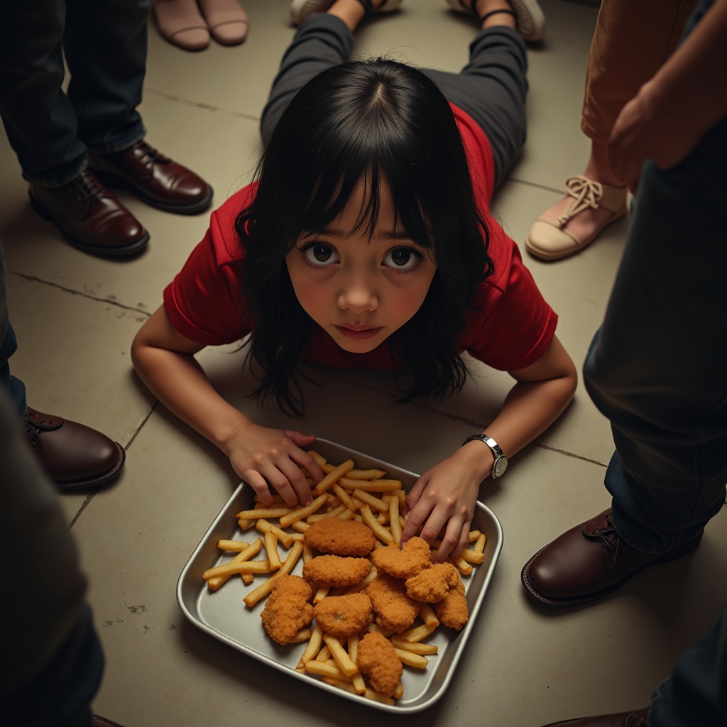macro photograph of tifa lockhart lying on the ground on her stomach, looking up with her lunch tray of chicken nuggets and fries spilled all over the ground, she looks up with her eyes filling with tears from embarrassment, shadows over her from people standing around her, pointing and laughing that are out of focus, top down view like we're looking down at her