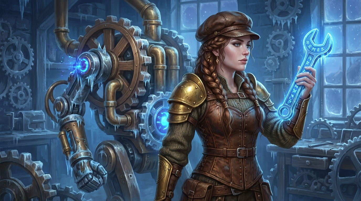 A beautiful female steampunk mechanic with braided hair, wearing a brown leather corset, golden shoulder armor, and arm bracers, holding a glowing blue rune-etched wrench, gazing thoughtfully to the right. She stands next to a large, intricate steampunk machine with wooden and metallic gears, glowing blue accents, and frost/ice details. The background is a cold, icy workshop with more gears. Digital painting, fantasy art style, dramatic lighting with blue glow and cold highlights, mysterious and industrious mood. Cool color palette with blues, browns, and gold.