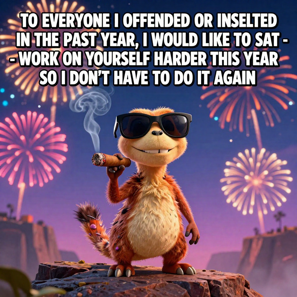 Meme featuring Scrat from Ice Age, wearing black sunglasses and smoking a lit cigar, standing confidently on a rocky cliff edge. He has a sly smirk, with his prominent buck teeth showing. The background is a vibrant night sky filled with colorful fireworks in shades of pink, orange, yellow, and blue. The overall art style is 3D animation, mimicking the look of the Ice Age movies. The mood is humorous and celebratory. Above Scrat, bold white text with a black outline delivers a sarcastic message: "TO EVERYONE I OFFENDED OR INSULTED IN THE PAST YEAR, I WOULD LIKE TO SAY - WORK ON YOURSELF HARDER THIS YEAR SO I DON'T HAVE TO DO IT AGAIN".