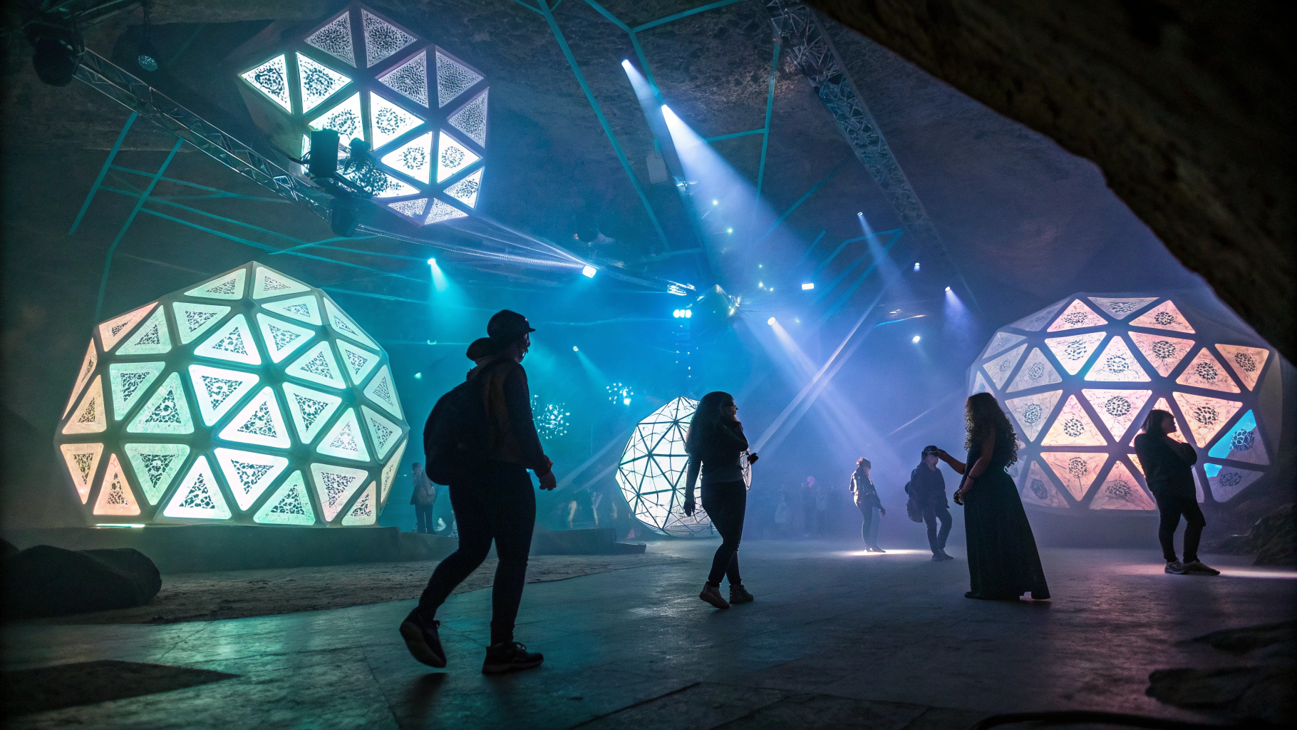 Underground crystal cave rave, dancers silhouetted by massive geometric holograms, bioluminescent mushrooms pulse to the beat, steam vents catch laser lights, cyberpunk meets nature Underground crystal cave rave, dancers silhouetted by massive geometric holograms, bioluminescent mushrooms pulse to the beat, steam vents catch laser lights, cyberpunk meets nature