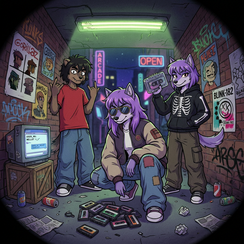 Anthropomorphic Characters In Grimy Alley With Cassettes