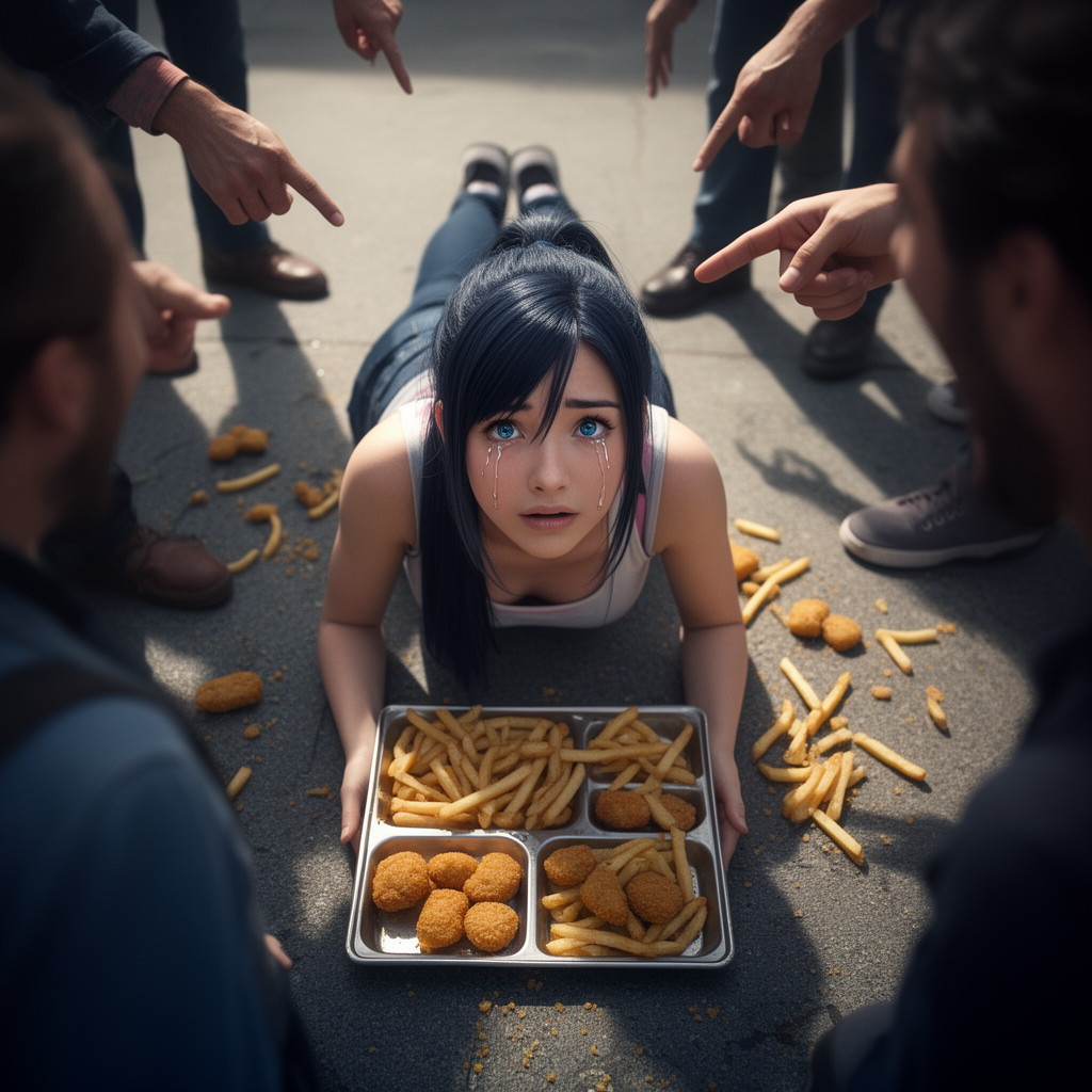 macro photograph of tifa lockhart lying on the ground on her stomach, looking up with her lunch tray of chicken nuggets and fries spilled all over the ground, she looks up with her eyes filling with tears from embarrassment, shadows over her from people standing around her, pointing and laughing that are out of focus, top down view like we're looking down at her