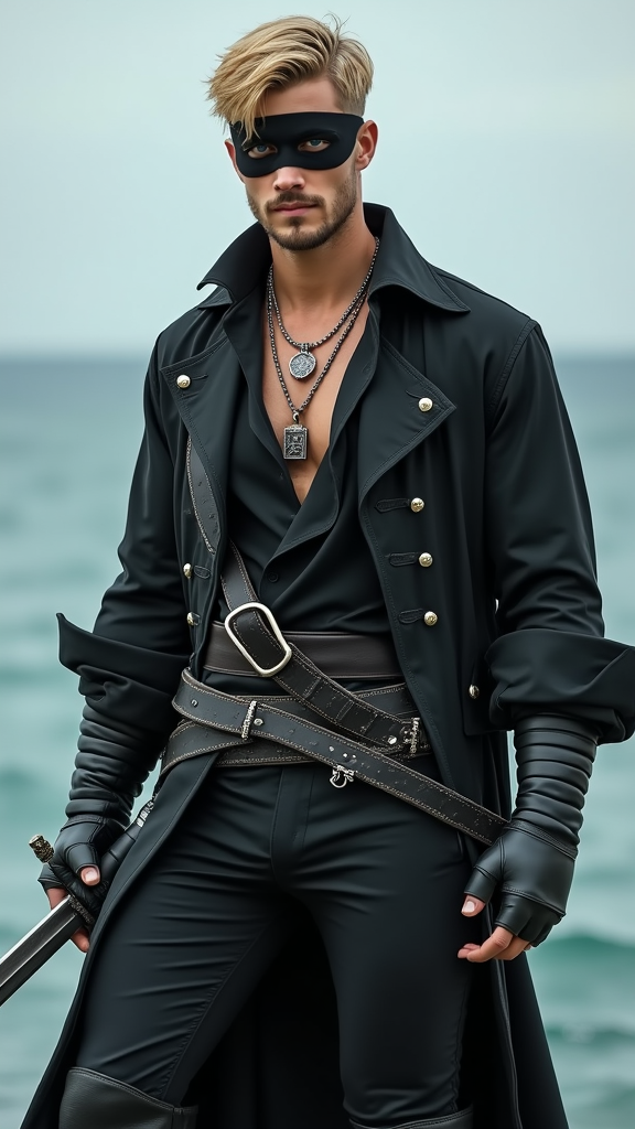 Super-hero, pirate, think "The Princess Bride". Caucasian male. young man. Masculine male, tall, thin but muscular, sinewy, wide shouldered.  Short golden blonde hair, fade style with more length on top, smooth, combed back, side parted {{{short hair}}}. Handsome face, clear aqua colored eyes. Black mask tied around his eyes {{{black mask around eyes}}}. Thin blonde trimmed mustache above lip, small goatee on face. Black silk pirate shirt, sleeves pushed up and shirt open. Silver talisman around his neck.  Black wrapped leather bracers on arms. Black fingerless gloves on hands.  Black leather belt with silver buckles on waist. Black form-fitting pants/tights on powerful legs, tucked inside of black leather bucket boots. Full body pose, swordsman's stance. He wields a silver rapier sword. Probably sailing the high seas... 