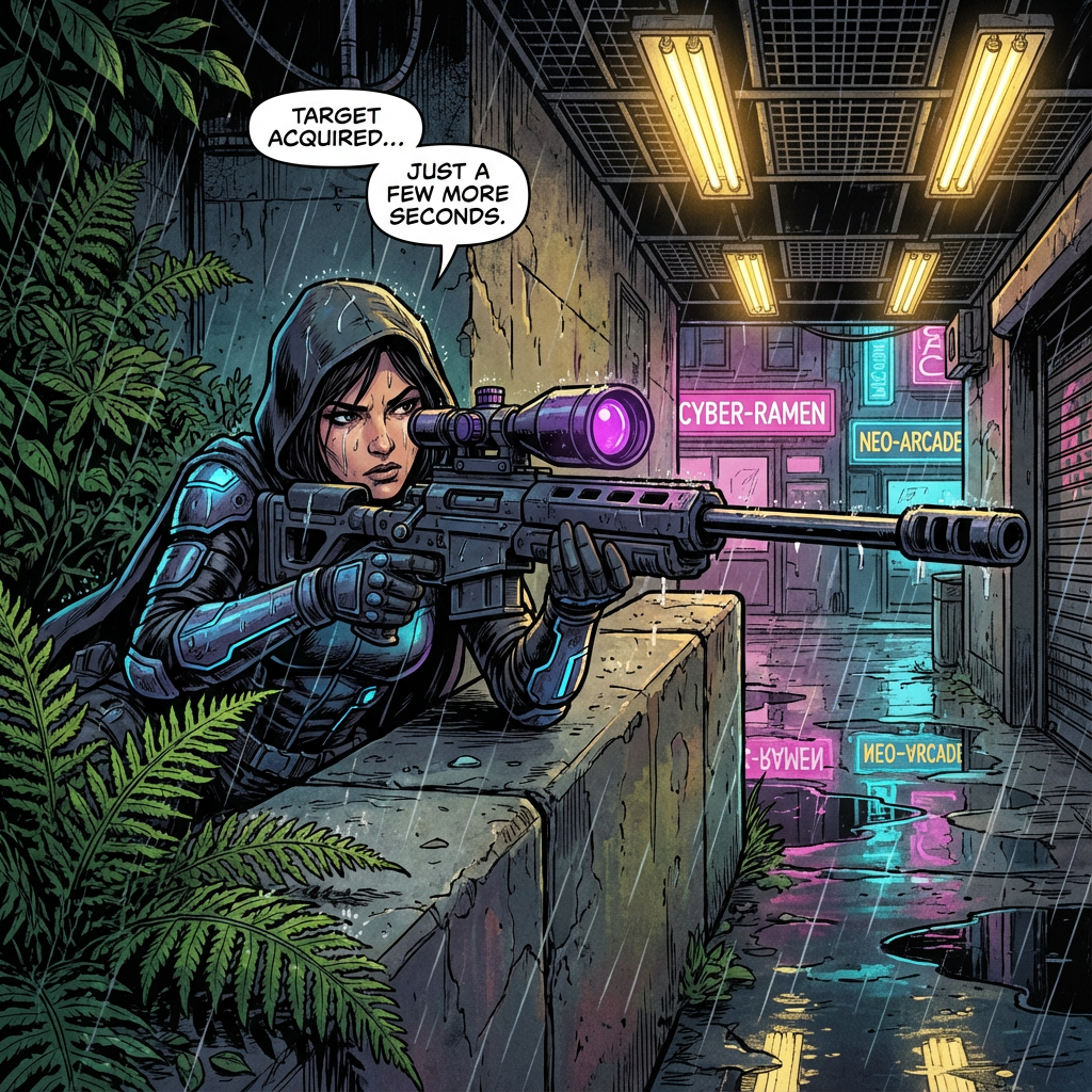 Comic book style illustration of a female sniper in tactical gear, lying prone behind a concrete barrier, aiming a futuristic sniper rifle with a purple scope. She is partially obscured by lush green ferns on the left. The scene is set in a dark, rainy cyberpunk city alley or parking garage at night. Rain streaks are visible, and the ground is wet with reflections of neon signs (pink and cyan) in the puddles. Overhead, warm yellow fluorescent lights cast a glow. The atmosphere is tense and moody. Detailed facial expression, sweat/rain on face, intricate weapon design, glowing blue accents on her gear. Strong black outlines, vibrant colors.