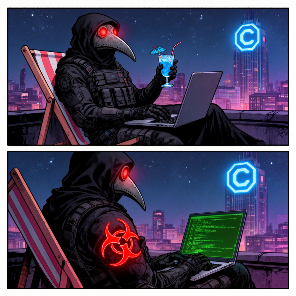 Plague Doctor Hacker On Rooftop At Night