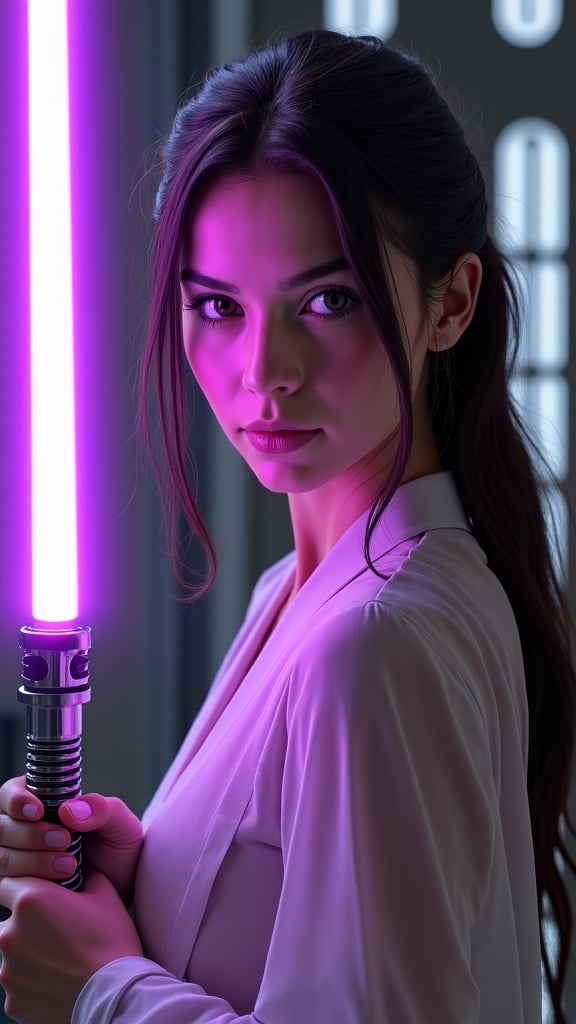 Realistic Photorealistic Perfect Anatomy Futuristic Warrior Wielding Purple Lightsaber 1