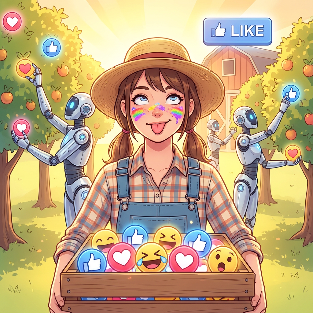 A vibrant anime-style illustration depicting a young female farmer in a straw hat and overalls, her face smeared with rainbow glitter, eyes rolling back, and tongue sticking out. She holds a wooden crate overflowing with social media reaction emojis (thumbs up, hearts, laughing faces). In the background, anthropomorphic robots with glowing blue eyes harvest floating thumbs-up and heart emojis from trees in a sun-drenched orchard. The art style is crisp and clean, reminiscent of modern anime or digital art, with bright, cheerful colors. The lighting is sunny and warm, creating an optimistic and slightly whimsical mood. The atmosphere is playful and surreal, with a hint of satire. Detailed features include the plaid shirt, denim overalls, and the shiny, metallic robots.