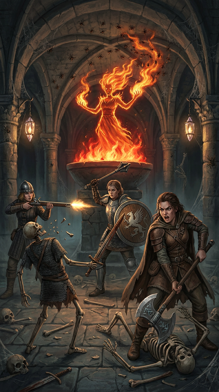 Female Warriors Battle Skeletons In Dungeon