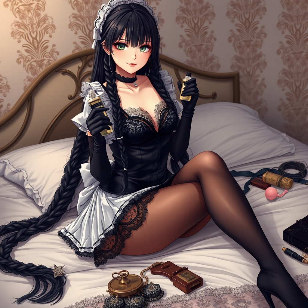 (masterpiece, best quality, HD),1 sexy anime older woman, very long and completely black braided hair, black lace lingerie visible, long lace black gloves, lace black stocking, lace housemaid outfit, sitting on a bed, full body shot including feets, seductive smile, hold a black gauze in one hand and a bottle of lotion in the other, short sleeve, short skirt, black bra visible, corset, high heels, green eyes, long legs, big tights, milf vibes, lots of lace and frills, highly detailed, lots of sexual toys laying on the bed