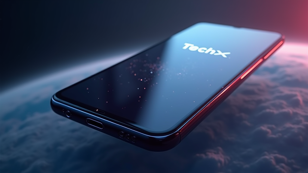 Sleek smartphone floating in space, dynamic lighting, ultra-realistic render, product name "TechX" visible on screen