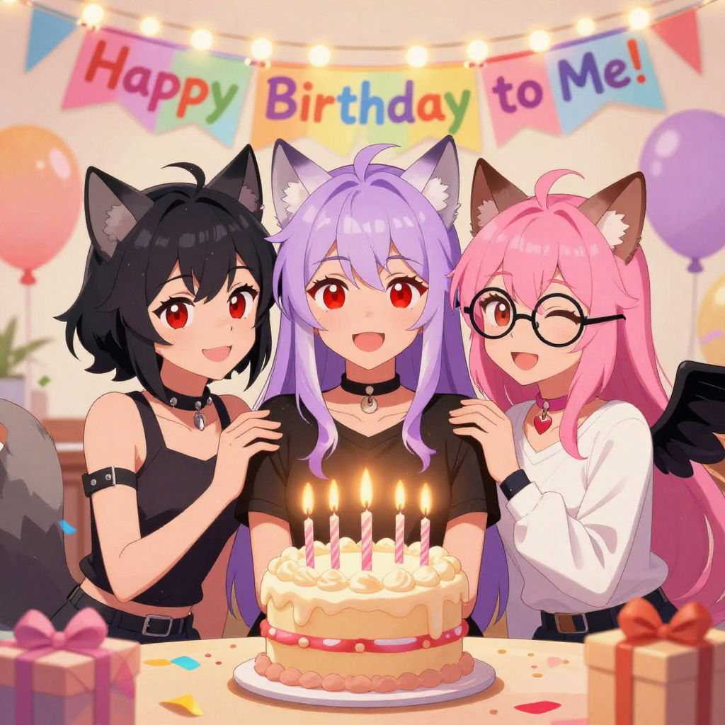 Three Anthro Wolf Girls Celebrating Birthday