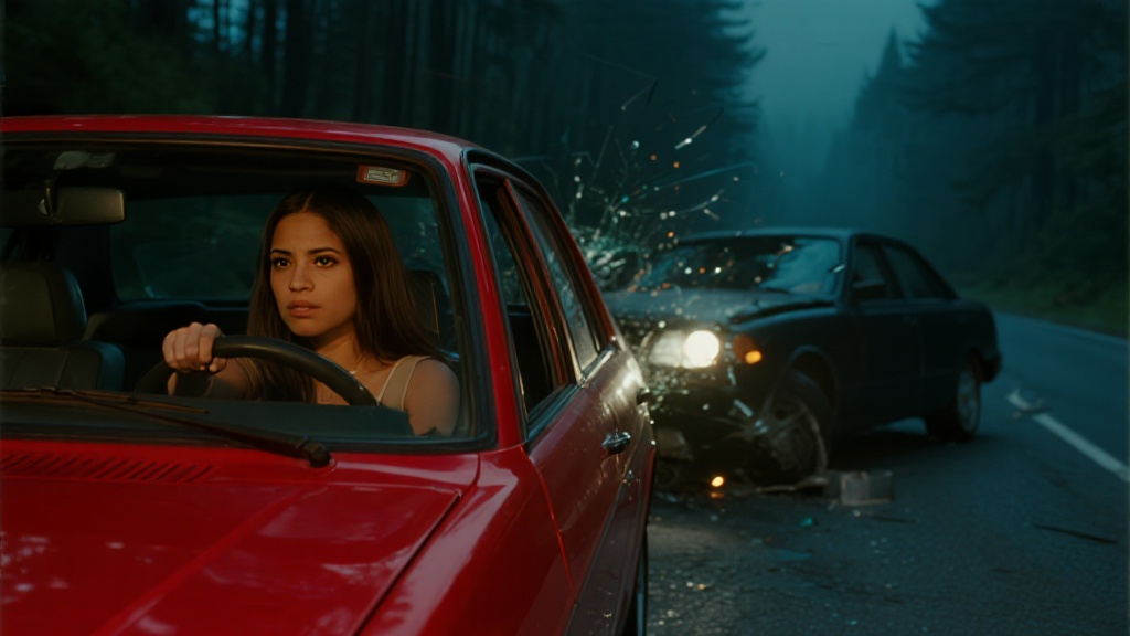 A dramatic cinematic night scene on a lonely forest road. From a side view camera angle (---), a shiny red car is shown crashing into the back of a black car. The red car has collided directly into the rear of the black car, headlights glaring against the dark misty woods. The scene is wide and cinematic, with both cars clearly visible in profile.

Inside the red car, the driver’s seat on the left side is occupied by a young Hispanic/Latina woman. She has an oval-shaped face, warm medium-beige skin with peach undertones, long straight dark brown hair parted slightly to the side, medium-thick arched eyebrows, and large almond-shaped brown eyes. Her nose is straight with a rounded tip, and her lips are naturally pink, moderately full. Her expression is dazed and unfocused, suggesting she is under the influence of alcohol, gripping the steering wheel loosely as her car impacts. The dashboard glow faintly lights her face while broken glass and crumpled metal emphasize the collision.

The surrounding road is narrow and dark, flanked by tall trees and mist, creating a moody cinematic forest setting. Ultra-detailed, photorealistic, high resolution, wide cinematic shot.