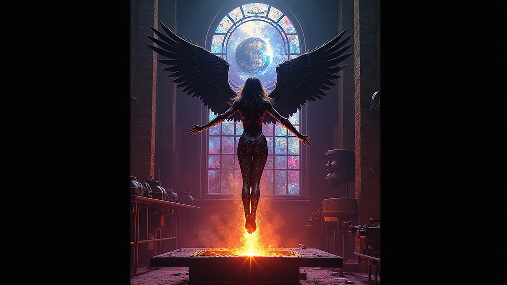 Heavy Metal Album Cover, Gothic Heavy metal album cover, gothic blackletter text "BURN ETERNAL" with chromatic aberration and lens flares. Centered, a dark-skinned, winged female figure with gears integrated into her body, floating in front of a stained-glass window depicting a cosmic nebula and a solar eclipse. Below her, a blacksmith's forge with glowing embers and sparks rising, set in a dark, industrial workshop with brick walls and metal structures. Dramatic, high-contrast lighting with orange and red glow from the forge, cool purple/blue ambient light, and bright lens flares. Dark, mystical, and powerful atmosphere with a touch of steam-punk elements. Digital art, epic, cinematic.