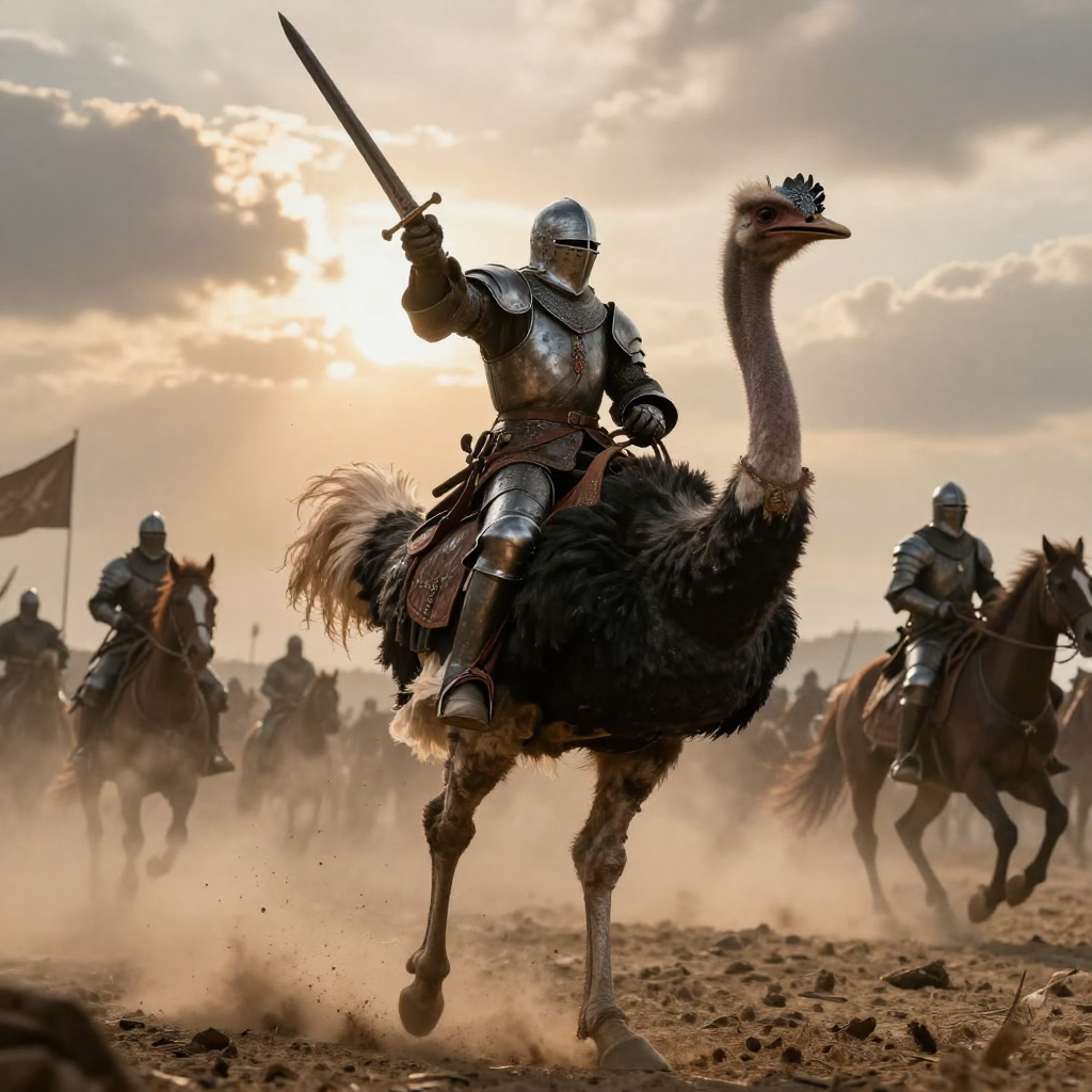 Medieval Knight On Ostrich In Battle Full shot of a medieval knight in weathered, dark plate armor, raising a longsword, riding a large ostrich wearing decorative, armored barding. The ostrich has a fierce, armored headpiece. In the background, other knights on horseback are visible through the dust and smoke of battle. Photorealistic, cinematic art style, with dramatic backlighting from a cloudy, golden-orange sky. The mood is epic and intense. Dominant colors are muted browns, grays, and metallic tones, with warm highlights from the sky. Dust and debris fly from the ostrich's feet, indicating motion and action.