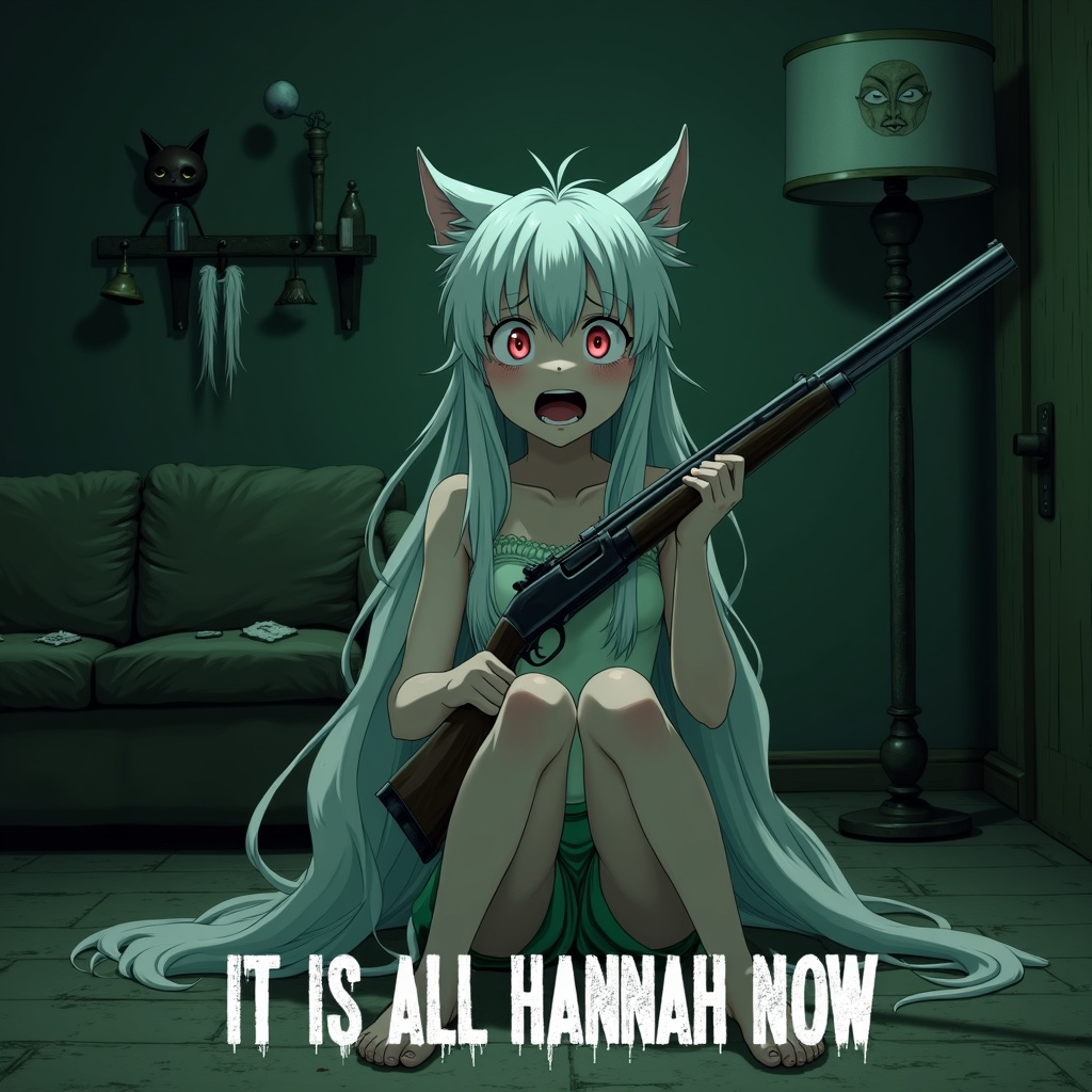 Anthro character, white fur, long white hair, cat ears, holding a shotgun, wide terrified eyes, sitting on the floor in a dark, dilapidated room. The room features a worn-out couch, a coat rack with cat ear accessories, and a lamp with a face in the lampshade. In the background, a vase with a face on it and white hair. The overall art style is a blend of detailed anime character design and a realistic, grimy environment, creating a horror movie poster aesthetic. Dark, moody lighting with dramatic shadows and subtle highlights on the character's face. Desaturated, muted colors dominated by greens, greys, and browns, enhancing the eerie atmosphere. "IT IS ALL HANNAH NOW" text at the bottom in distressed white font.