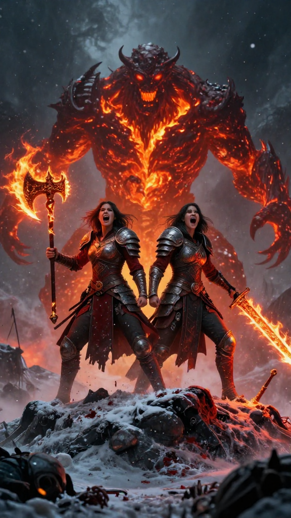 Two Fierce Female Warriors, One Two fierce female warriors, one with a flaming axe, the other with a fiery sword, stand atop a snowy, blood-stained hill, screaming defiantly. Behind them looms a colossal, glowing magma-monster. Digital art, epic fantasy style. Dramatic, high-contrast lighting from fire and monster, creating a tense, action-packed mood. Dark, desaturated blues and greys dominate the background, contrasting with the vibrant oranges and reds of the flames and molten rock. Snow falls lightly, and dead soldiers litter the foreground, emphasizing the brutality of the battle. Intricate armor and weapon details, runes visible on clothing.
