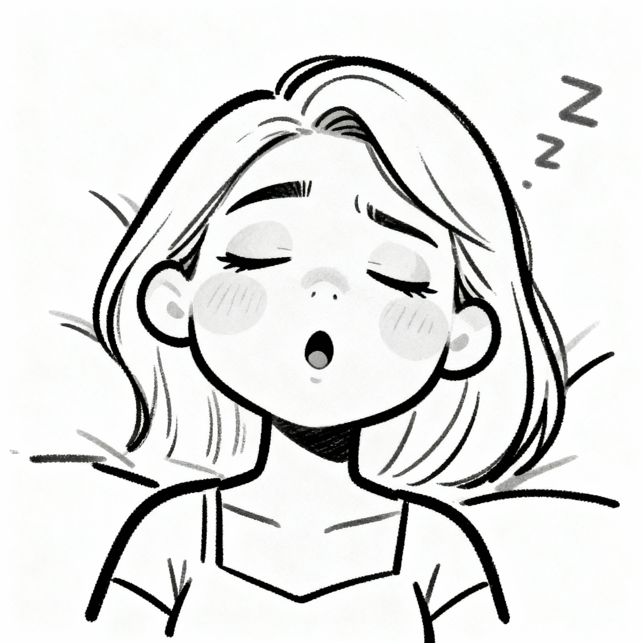 draw a funny face of a woman sleeping, in black and white drawing, from the front, with a white background