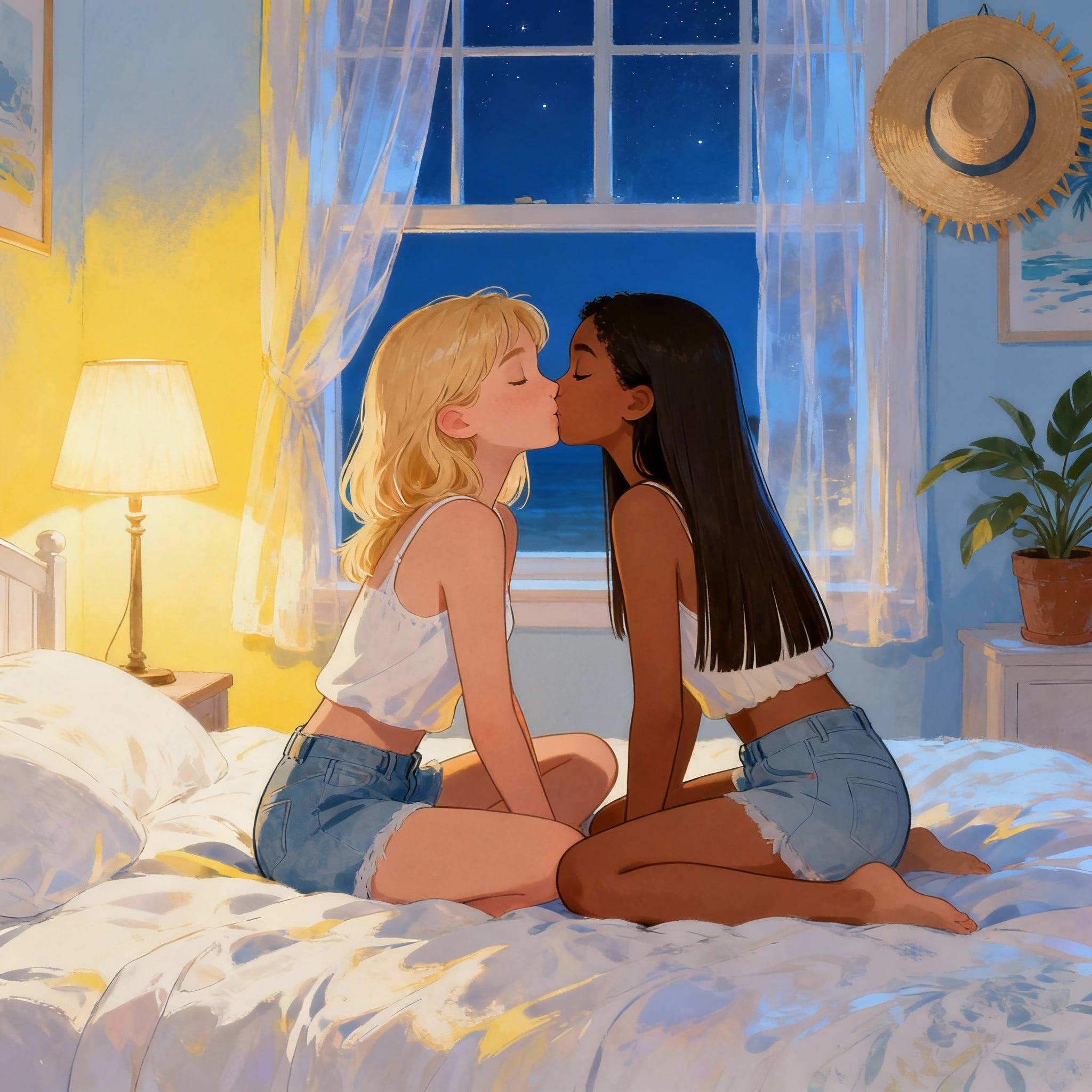 Illustration Of Blonde Caucasian Girl And Biracial Girl With Long