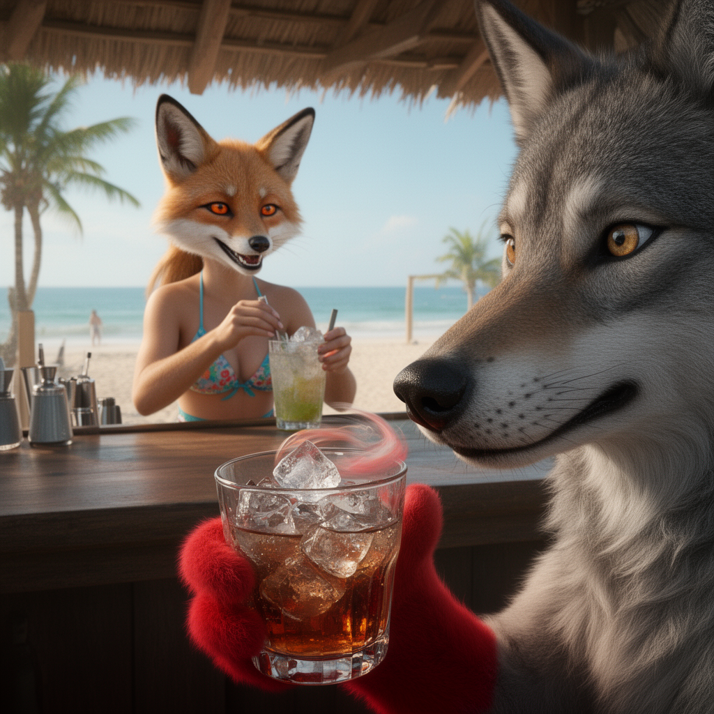 Anthro Wolf And Fox At Beach Bar Photorealistic. Ultra realistic. Realistic. Realistic background. Detailed. 3D. Not 2D. Remove 2D. Remove 2D from background. Realistic fur, soft fur. Remove 2D from eyes. First person perspective of a anthro wolf. POV. You can only see your own nose exactly like it is from the ref. The nose should match the lighting from the scene. The ref should be the basis of the image, do not change or resize the nose except make it have red fur. You are sitting at a open air beach bar holding a glass full of ice and mixed alcohol with a anthro wolf hand with red fur, swirling it. There is a beautiful female anthro fox with light brown fur and orange eyes behind the bar mixing a drink, wearing a cute beach outfit. She is smiling at chatting with the viewer, looking directly at you. Day time. Cinematic.
