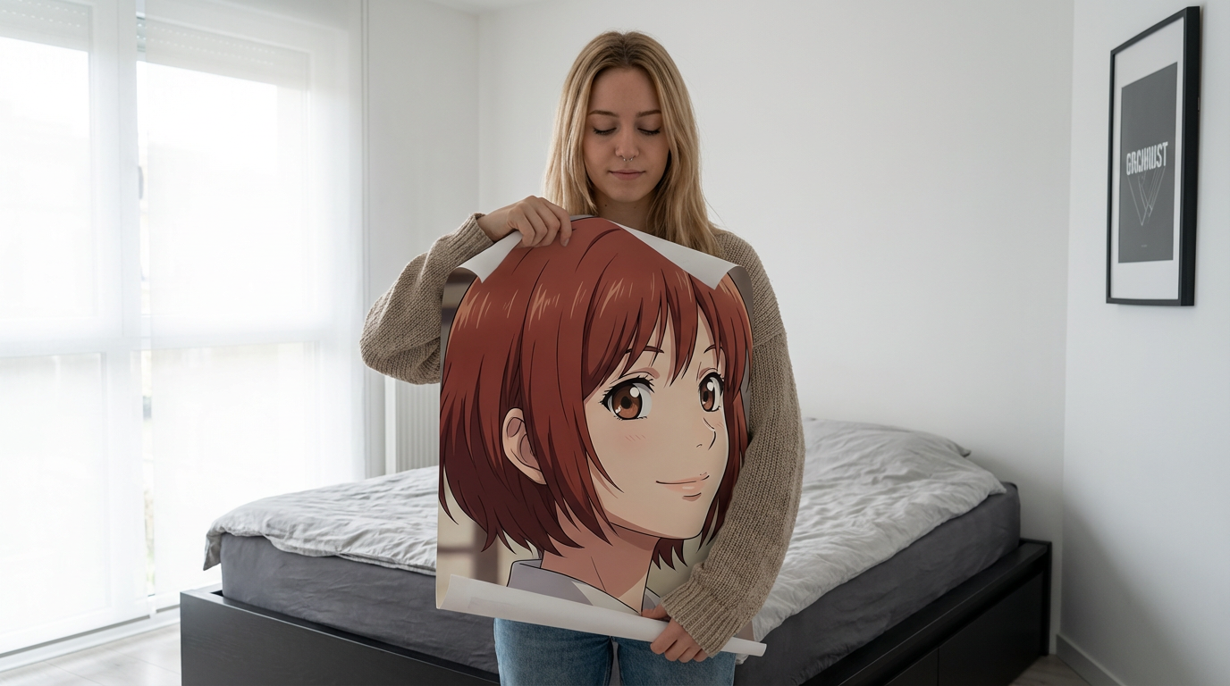 Full body shot of a young blonde woman holding a large anime poster in front of her body, obscuring her torso and lower half. Her head is tilted down, eyes closed, with a subtle nose ring. The anime character has short reddish-brown hair, large brown eyes, and is looking slightly to the right with a soft smile. The art style combines photorealism for the woman and background with detailed anime for the poster. Bright, soft lighting from a large window on the left, creating a clean, airy mood. The room is modern and minimalist with white walls, a dark grey bed frame and rumpled light grey duvet, and white window blinds. Black framed artwork hangs on the right wall.