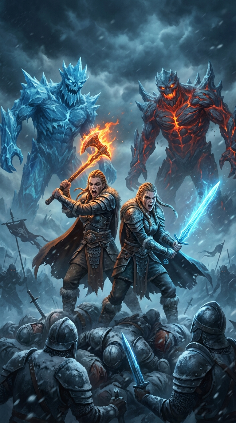 Epic fantasy illustration, two fierce female Viking warriors, one with a flaming axe and the other with a glowing sword, screaming in battle. They stand atop a gruesome pile of dead enemies, surrounded by a snowy battlefield with fallen soldiers and banners. Behind them loom two colossal elemental giants: one ice-blue and jagged, the other fiery red and rocky, both monstrous and menacing. Dramatic lighting, dark and moody atmosphere with bright magical glows. Cold blue, fiery orange, and metallic grays dominate the color palette. Highly detailed, digital art, intense expressions, dynamic composition. Blizzard in background.