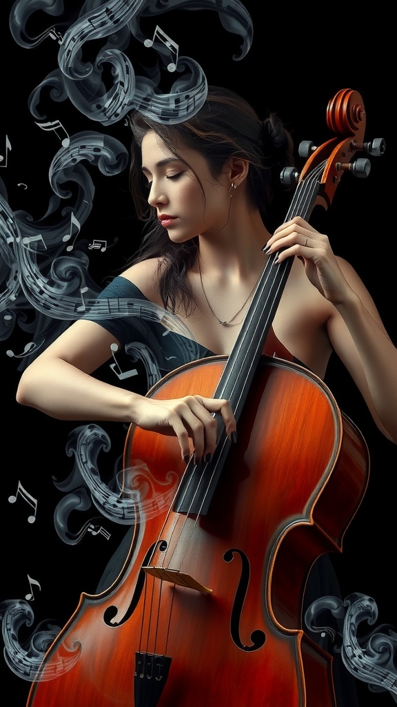 A serene woman plays a cello, her body partially enveloped in swirling smoke-like patterns adorned with musical notes. The soft, ethereal lighting highlights her profile and the intricate details on her skin, creating a harmonious blend of music and art. The background is dark, enhancing the luminous quality of the notes that flow around her.