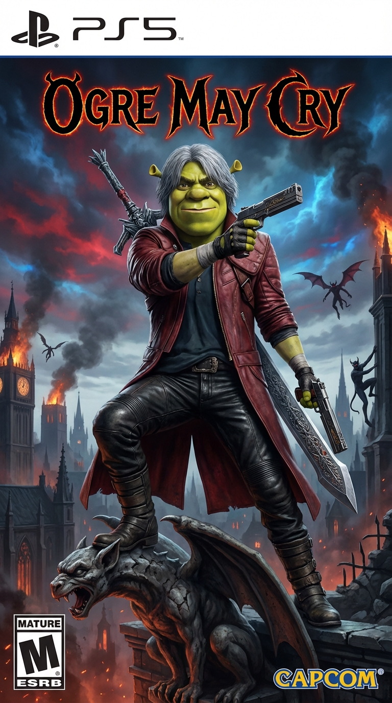 PS5 game cover, featuring Shrek dressed as Dante from Devil May Cry. Shrek has gray hair, a red leather trench coat, black leather pants, and holds two pistols. A large ornate sword is strapped to his back. The background is a dark, gothic cityscape with burning buildings, red and blue skies, and silhouetted demons. The art style is photorealistic with a digital painting aesthetic. Dramatic lighting emphasizes the character and the apocalyptic mood. The color palette is dominated by reds, blues, and dark grays, creating a foreboding atmosphere. Text on cover: "OGRE MAY CRY", "MATURE M ESRB", "CAPCOM".