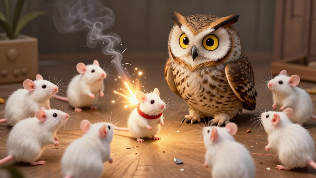 I want to make a continuation of this picture. Same place, after firing up this NoNameYetRay turned owl (named Hooh) into mouse! It is now a mouse, with owl color scheme, and yellow eyes, looking at us at horror. 

Several white lab mice (like the ones that are already on picture) round dance around newly created mouse (former owl). Her collar is still on her, but now it is oversized. 

The ray now sparkles, it's bulbs smoking, clearly broken