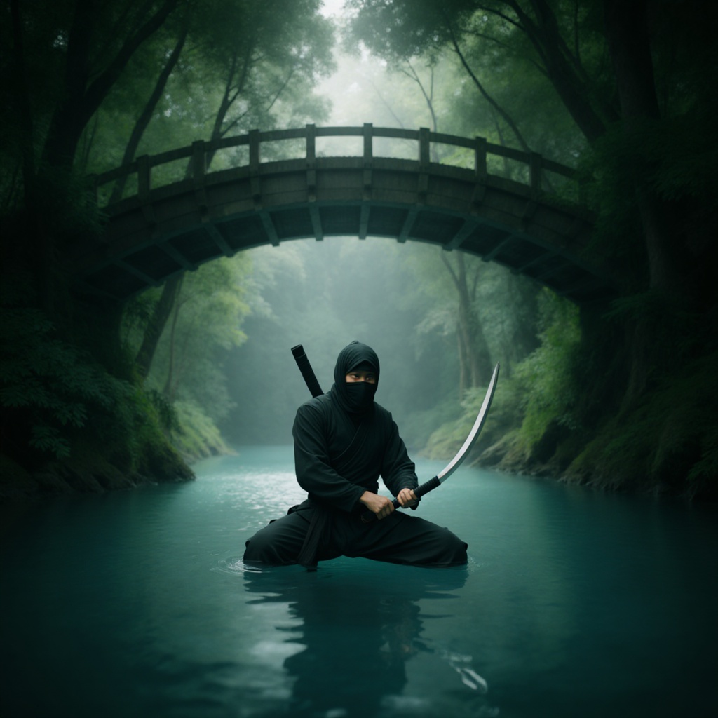 a silhuete of a ninja in water under the bridge in forest