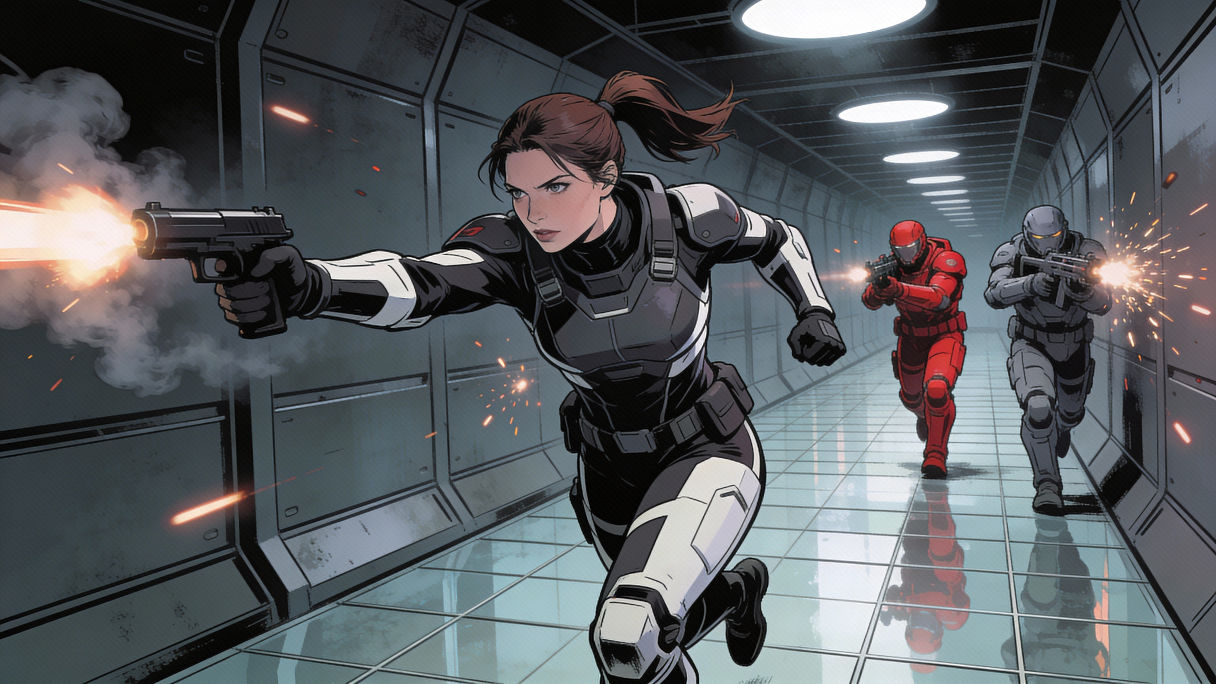 Comic book style illustration of a female sci-fi soldier in dark grey and white armor, running and firing a pistol to the left, muzzle flash and smoke visible. She has brown hair tied in a ponytail. In the background, two male armored soldiers (one red, one grey) are also firing their weapons down a long, narrow, grey metallic corridor, bullet impacts and sparks visible on the walls. The floor is tiled and reflective. Overhead circular lights illuminate the scene. Dynamic action shot, dramatic lighting, dark and intense atmosphere.