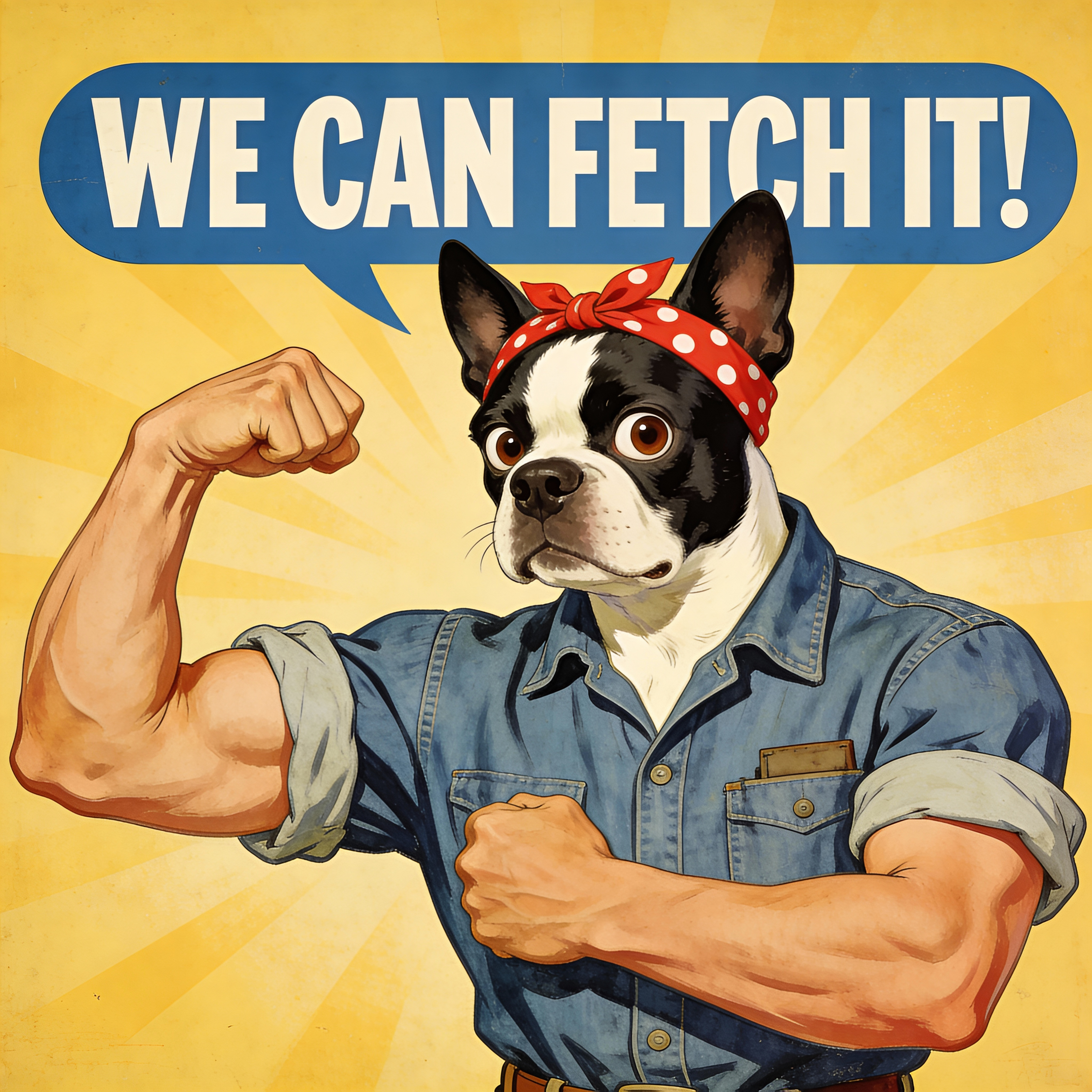 A high-quality parody of the iconic "We Can Do It!" World War II poster. The central figure is an anthropomorphic Boston Terrier with a muscular human-like arm, flexed in the classic pose. The dog has the breed's signature black and white markings, large expressive eyes, and erect ears, wearing a red polka-dot bandana tied around its head. It is dressed in a blue denim factory work shirt with the sleeves rolled up. The background features the classic yellow backdrop with a subtle sunburst pattern, and the blue speech bubble at the top contains the text "WE CAN FETCH IT!". The overall art style is a vintage 1940s illustrative propaganda poster, featuring slight paper texture, muted colors, and authentic retro halftone printing effects.