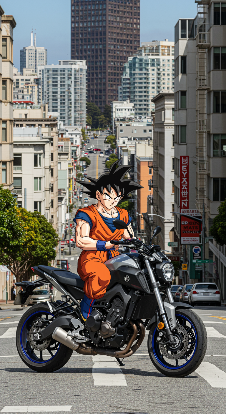 Goku on a Yamaha mt-07 mixed reality, goku is cartoonish while everything else is realism. In San Francisco market street