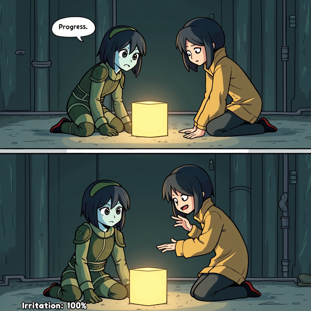 Comic panel, two young characters, anime style, clean lines, subtle textures. Panel 1: A blue-skinned woman with dark hair and golden robes smiles mischievously, dropping a glowing cube near a kneeling soldier in green armor. The soldier looks downcast. Panel 2: The blue-skinned woman leans over the soldier, who looks annoyed. She has a triumphant smirk, while he looks exasperated. Industrial background with pipes and dark metallic walls. Soft, ambient lighting creates a slightly moody atmosphere. Dominant colors are muted greens, blues, greys, and warm golds. Speech bubbles with clear text. Text at bottom: "Progress: 0%. Irritation: 100%."
