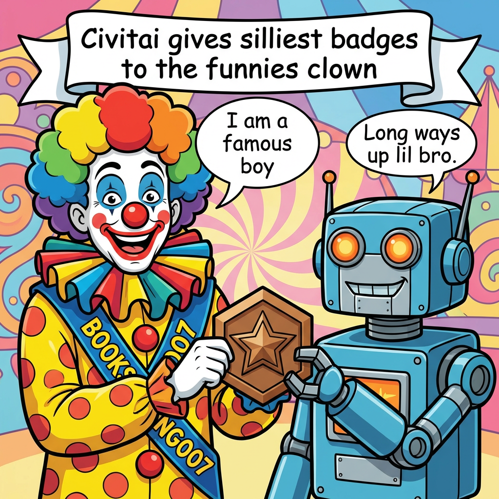 Cheerful Clown And Robot Holding Badge