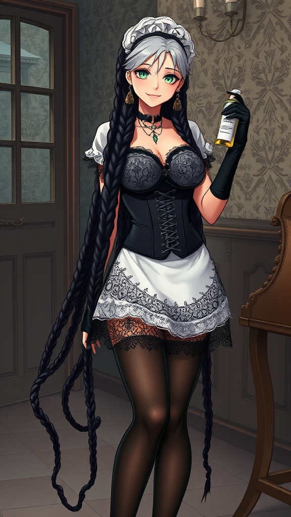 (masterpiece, best quality, HD),1 sexy anime older woman, very long and completely black braided hair, black lace lingerie visible, long lace black gloves, lace black stocking, lace housemaid outfit, standing, full body shot, seductive smile, hold a black gauze in one hand and a bottle of lotion in the other, short sleeve, short skirt, black bra visible, corset, high heels, green eyes, long legs, big tights, milf vibes, lots of lace and frills