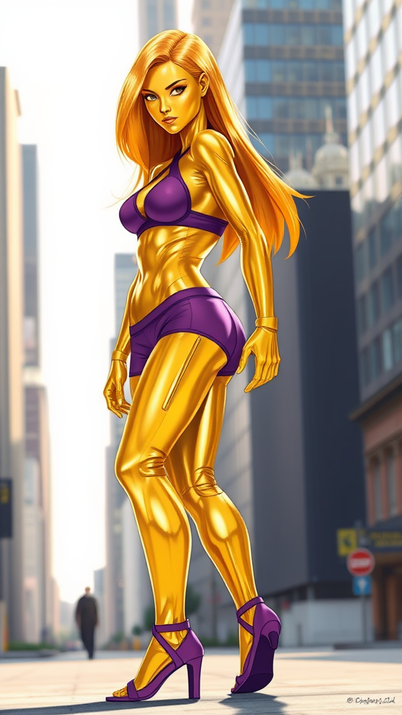 Super-hero, a living trophy made of molten gold. She is completely solid gold--gold metallic skin, metallic gold hair {{{GOLD METALLUC SKIN AND HAIR}}}.  Her hair is also metallic gold, back-length and smooth, side parted and flipped over one eye. Her eyes are also completely gold, filling her eye sockets. She is tall, lithe, athletic. She wears a form-fitting purple halter top/sports bra, and purple spandex thigh length athletic shorts. She wears purple shoes without heels, but they do have straps. This is the outfit she wears when she's fighting crime. Her gold metal skin gives her a certain amount of invulnerability, as well as the high shine blinding her targets. Full body pose, becoming 2-dimensional or shining her way through the city. 
