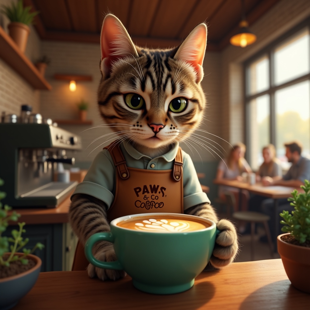 Tabby Cat Barista Pouring Paw Print Latte