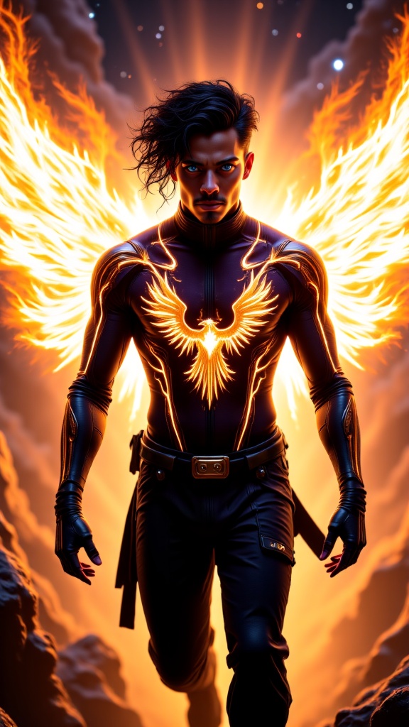 Ethereal cosmic superhero, majestic young adult Af