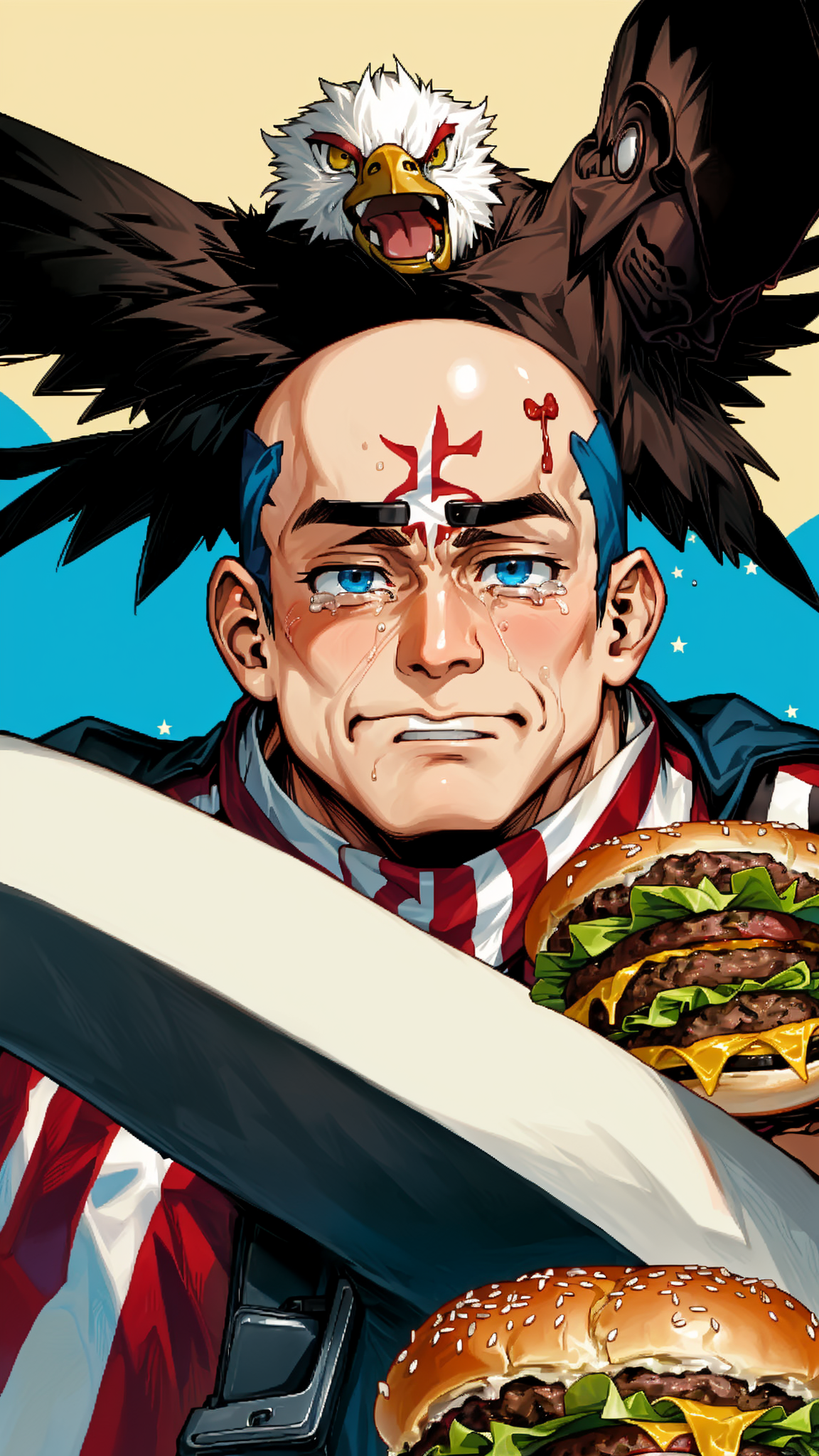 An American man, anime portrait of overweight figure, stars-and-stripes bandana. Dual-wielding hamburgers, gun holster visible. Bald eagle perched on shoulder, crying a single tear. An American man, anime portrait of overweight figure, stars-and-stripes bandana. Dual-wielding hamburgers, gun holster visible. Bald eagle perched on shoulder, crying a single tear.