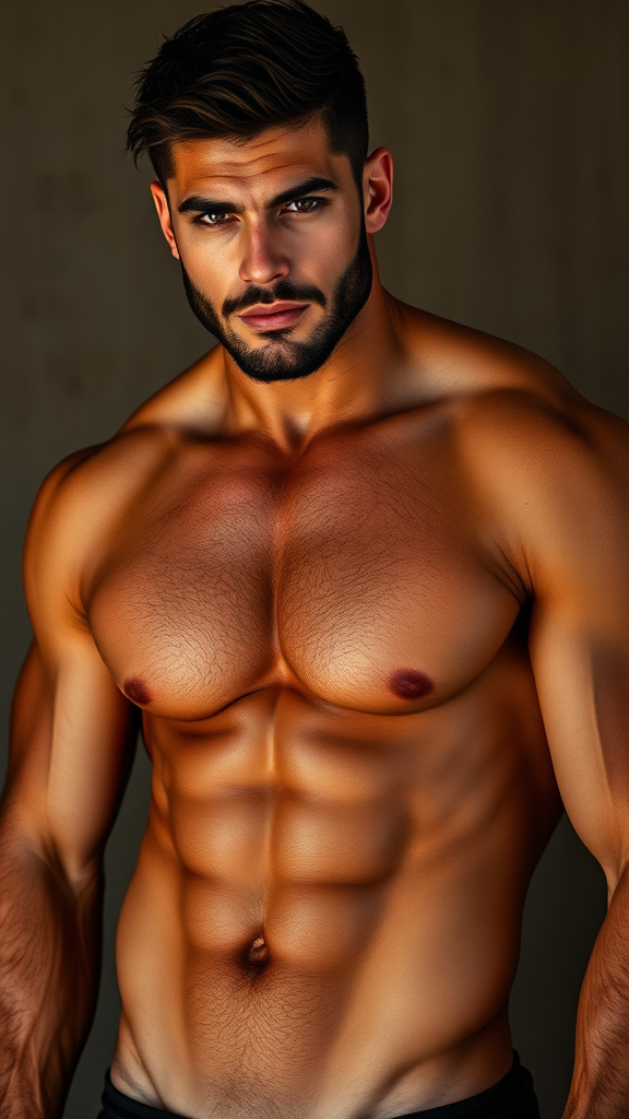 Creat an image of a very attractive tan muscular man naked having huge thick black dick