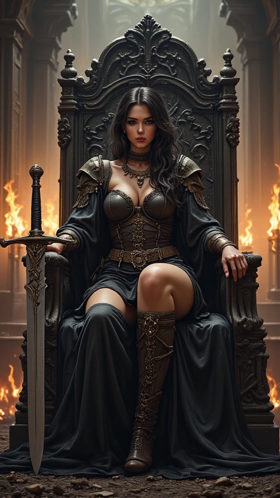A sensual warrior queen in the style of Luis Royo, seated on a dark ornate throne carved from black stone and adorned with skulls and metallic details, wearing  armor combined with flowing silk, her body both strong and elegant, long dark hair cascading over her shoulders, adorned with gold and gemstone jewelry, a massive sword resting beside her on the ground leaning against the throne, one hand draped lazily on the throne’s armrest, the other touching her flowing gown, background of a shadowy hall lit by torches and glowing embers, atmosphere dramatic and mysterious, cinematic lighting with deep shadows and golden highlights, ultra detailed fabrics, armor, jewelry, and skin textures, digital art, photorealistic, powerful and captivating


