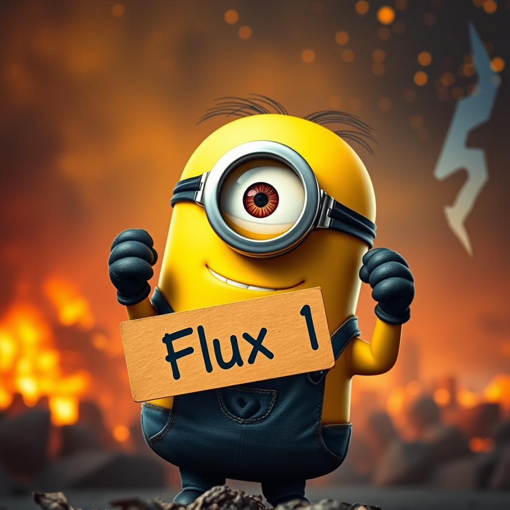a minion , masterpiece,(holding up a sign with the word "Flux 1":1.8), epic background, positive emotional, a minion , masterpiece,(holding up a sign with the word "Flux 1":1.8), epic background, positive emotional,