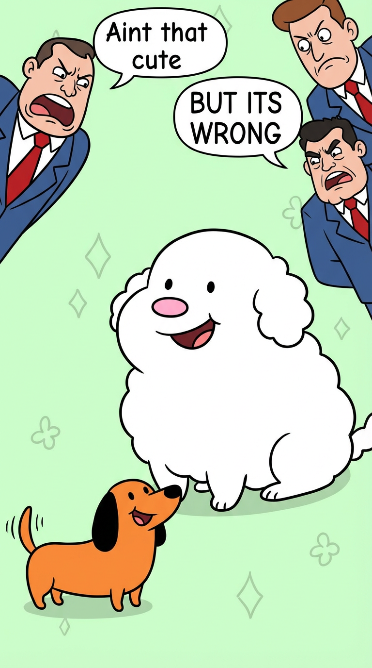 Cartoon network style, flat 2D animation. A white, fluffy, blob-like dog with a pink nose and happy expression sits center-right, with a small, orange, smiling dachshund-like dog with black ears looking up at it from the bottom left. Two angry, screaming men in blue suits and red ties are partially visible at the top-left and top-right corners, with speech bubbles "Aint that cute" and "BUT ITS WRONG". Light green background with faint diamond and clover patterns. Bright, even lighting. Playful and humorous mood.
