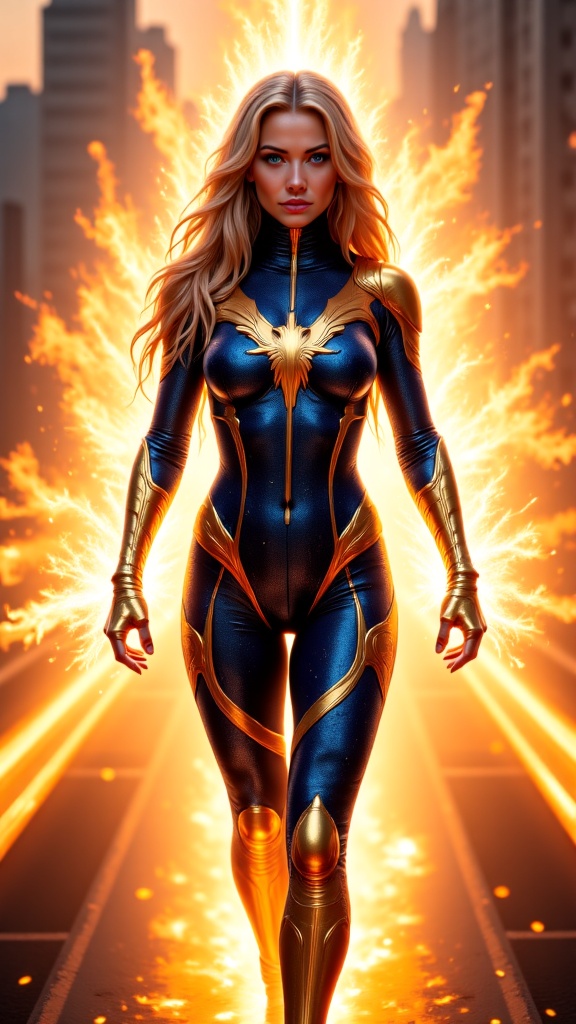 Female superhero, fire based character. Caucasian
