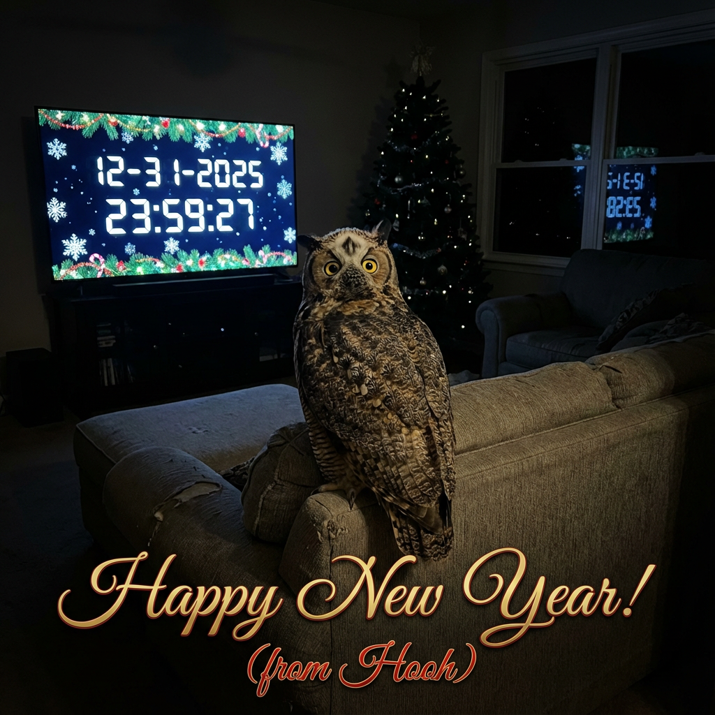 Photorealistic Owl New Year's Eve Countdown On the first and second image you can see Hooh - large pet great horned owl. I want to make another pic with this owl
A photorealistic, atmospheric scene in a darkened living room on New Year's Eve. The only significant light source is the glow from a large television screen, which displays a simple digital clock reading: "12-31-2025 23:59:27" (but new-year themed, snowflakes on screen, and all that). The great horned owl Hooh is perched on the back of the couch. In a characteristically unsettling and intimate pose, she has turned her head almost 160 degrees backwards to look directly up at the viewer. In the background, a decorated Christmas tree and darkened windows are visible. Overlaid text at the bottom of the image in elegant, festive script reads: "Happy New Year! (from Hooh)". Close up high angle view with focus on owl.
3:4 ratio