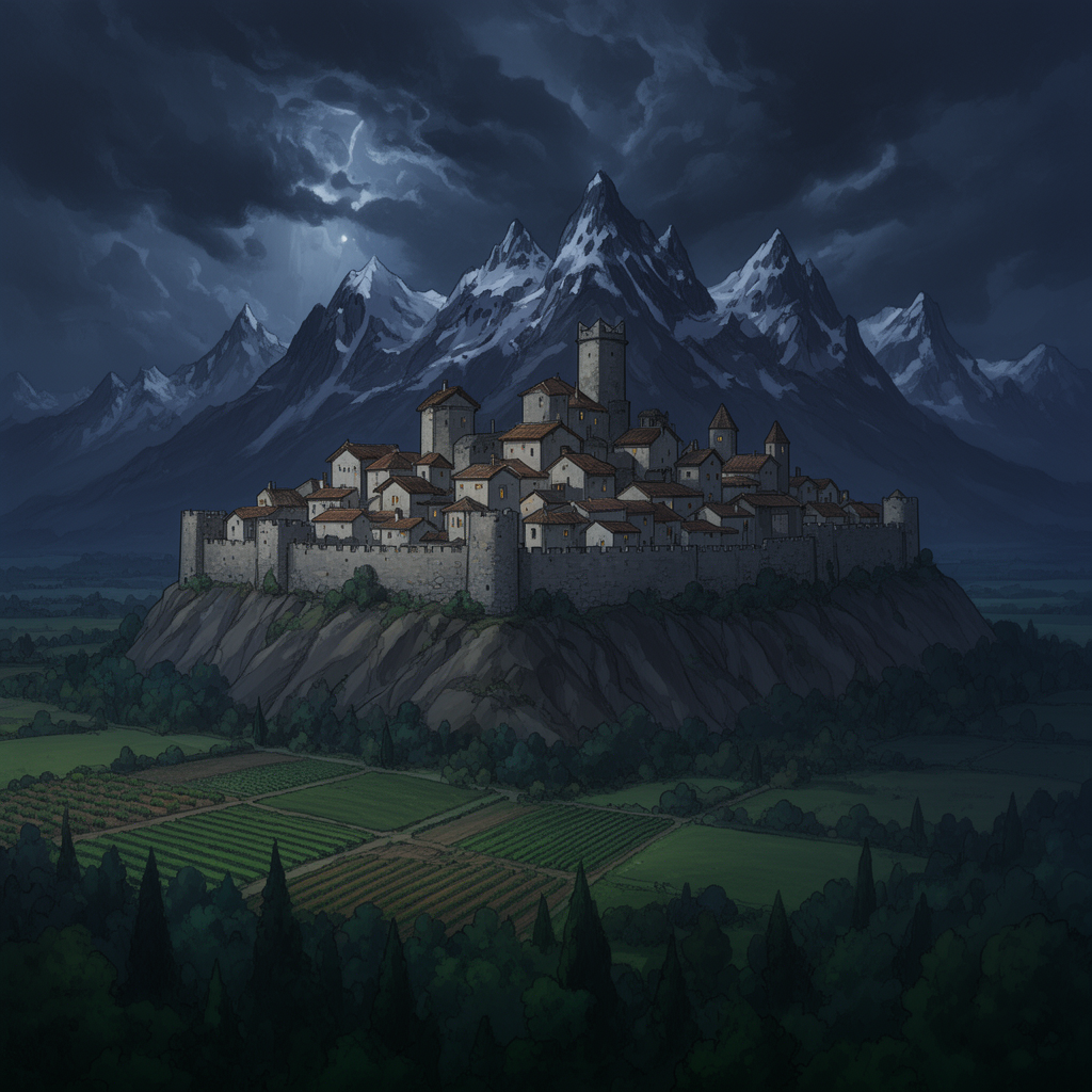 Walled Fantasy City On Mountain Plateau Night